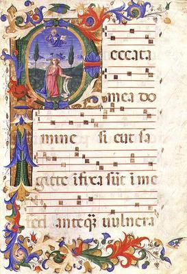 Ms 577 f.1 Historiated initial 'P' depicting a male figure in the wilderness, from 'Messale di Sant'