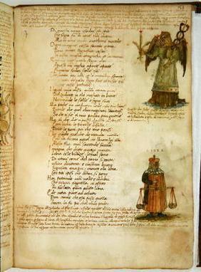 Ms Ital 483 P.4.7 f.157r Virgo and Libra, from the 'Dittamondo' by Fazio degli Uberti (vellum)