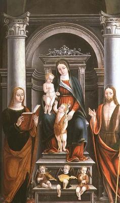 Madonna and Child receiving a rose from the Infant St. John the Baptist, with saints and angels by M od Italian School, (16th century)