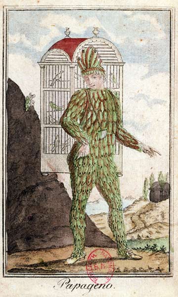 Papageno the bird-catcher, from 'The Magic Flute' by Wolfgang Amadeus Mozart (1756-91), (coloured en od Italian School, (18th century)
