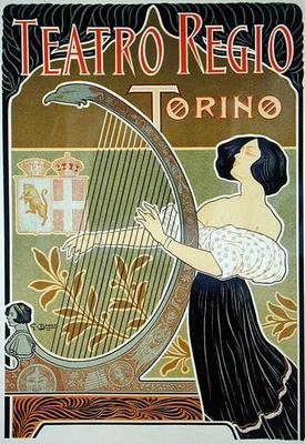 Reproduction of a poster advertising the 'Theatre Royal', Turin (colour litho) od Italian School, (19th century)
