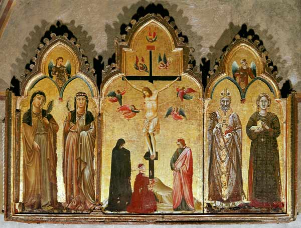 Kreuzigung mit Stifter und den Heiligen Agnes, Rufinus, Klara von Assisi und Agnes der Klarissin od Italienisch