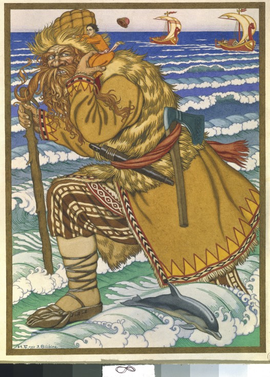 The giant carried Ivan on his shoulders back across the sea od Ivan Jakovlevich Bilibin