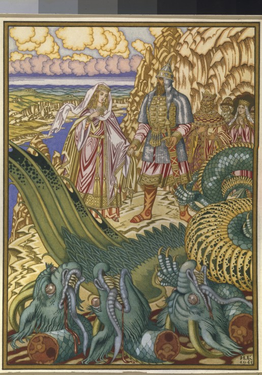 Dobrynya Nikitich rescues Zabava Putyatishna from the dragon Gorynych od Ivan Jakovlevich Bilibin