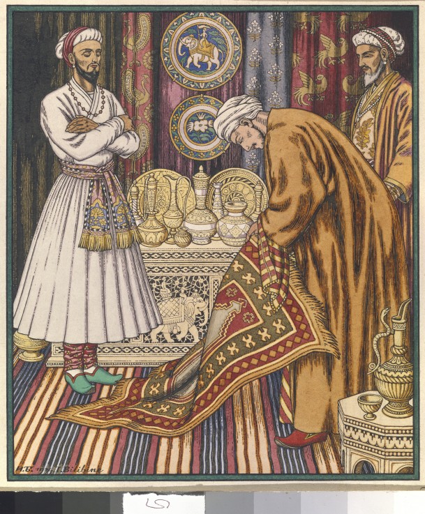 Prince Ali buying a carpet. Illustration for Arabian Fairy Tales od Ivan Jakovlevich Bilibin