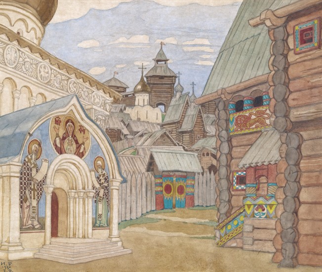 Russian Village. Stage design for the opera The Tale of Tsar Saltan by N. Rimsky-Korsakov od Ivan Jakovlevich Bilibin