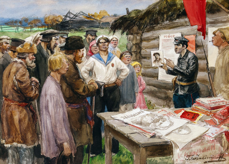 Die Lehrstunde des Kommunismus im Dorf (Aus der Aquarellserie Russische Revolution) od Iwan Alexejewitsch Wladimirow