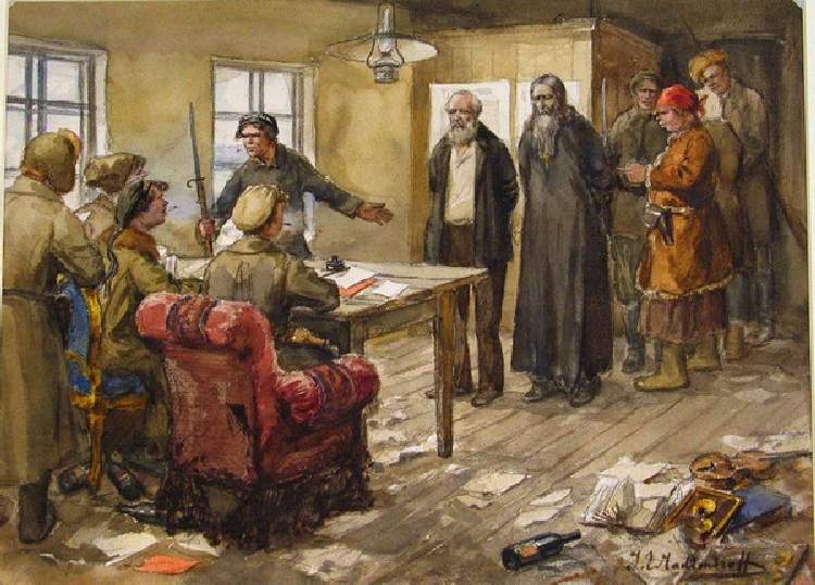 Ein Gutsbesitzer und ein Priester werden vom Revolutionstribunal zum Tode verurteilt (Aus der Aquare od Iwan Alexejewitsch Wladimirow