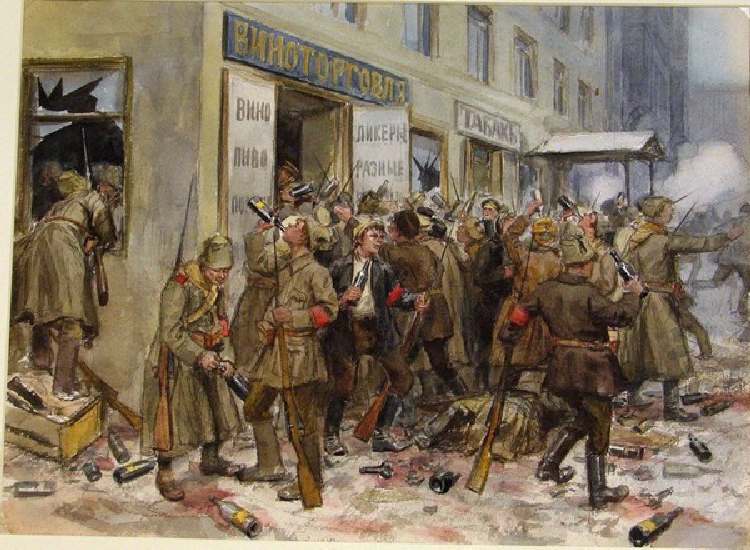 Revolutionäre Arbeiter und Soldaten plündern ein Weinladen in Petrograd (Aus der Aquarellserie Russi od Iwan Alexejewitsch Wladimirow