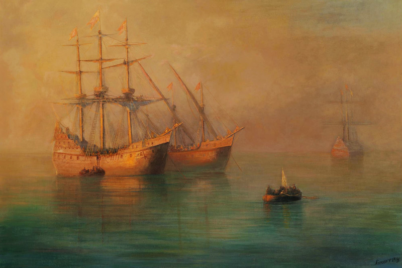 The arrival of Fleet of Christopher Columbus od Iwan Konstantinowitsch Aiwasowski