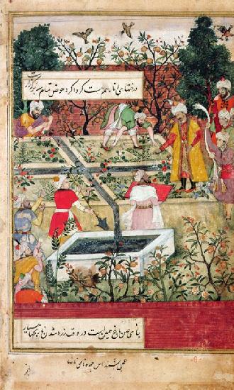 Emperor Babur (c.1494-1530) surveying the establishment of a Garden in Kabul, c.1600