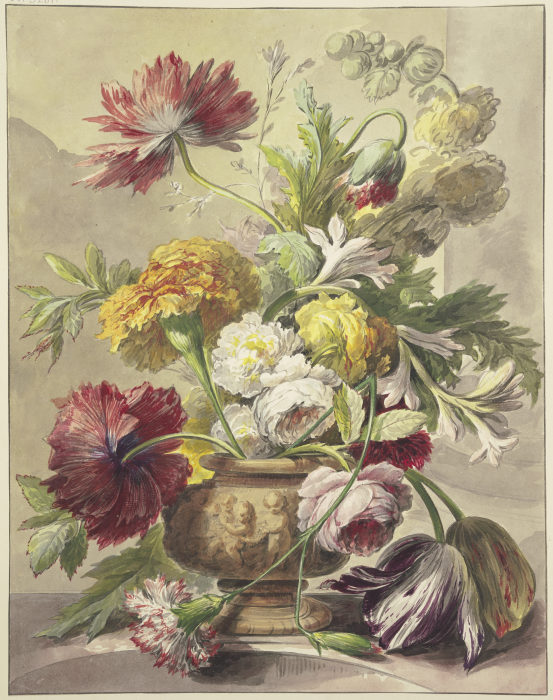 Blumenstrauß in einer Vase mit Basrelief von Mohn, Rosen, Tulpen, quer über der Vase hängt eine gekn od J. H. van Loon