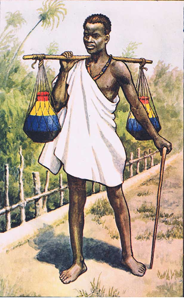 Uganda: A native carrying milk, from MacMillan school posters, c.1950-60s od J. Macfarlane