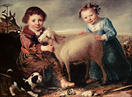 Two children with lamb.