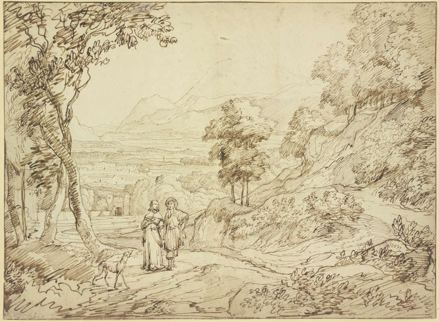 Landschaft, auf dem Weg ein Herr und eine Dame mit einem Windhund od Jacob Esselens