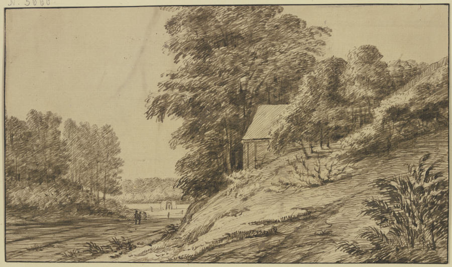 Landstraße durch den Wald, rechts unter hohen Bäumen auf einem Abhang eine Hütte od Jacob Esselens