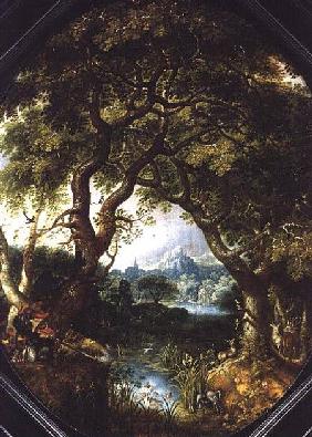 A Wooded Landscape with Hunters by a Stream