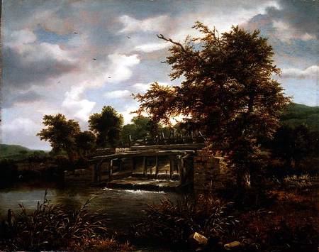 A wooded river landscape with a sluice gate od Jacob Isaacksz van Ruisdael