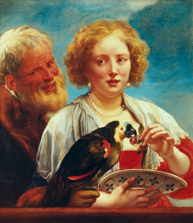 A young woman with an old mann and a parrot, od Jacob Jordaens