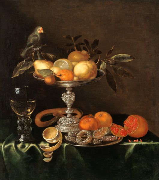 Quiet life with roman, silver Tazza, fruits, pastries and bird od Jacob Marrel