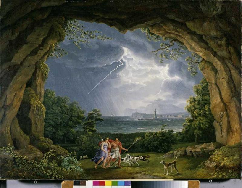 Aeneas und Dido flüchten vor dem Unwetter in eine Grotte od Jacob Philipp Hackert