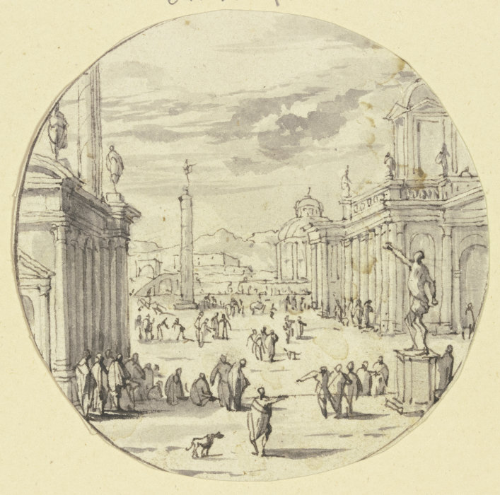 Großer Platz mit Prachtgebäuden und einem Obelisken od Jacob van der Ulft