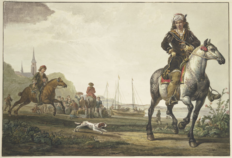 Am Ufer eines Flußes sitzt viel Volk bei den Schiffen, vorne rechts ein reich gekleideter Reiter mit od Jacob van Strij