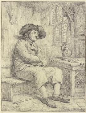 Mann an einem Tisch mit Krug und Pfeife sitzend