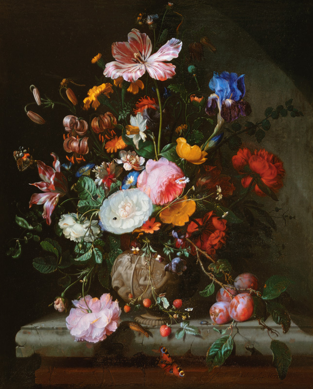 Bouquet of flowers in a stoneware vase od Jacob van Walscapelle
