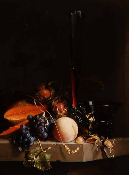 Still life of fruit on a ledge with a roemer and a wine glass od Jacob van Walscapelle