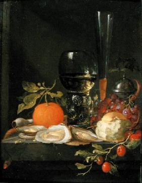 Still Life of Oysters, Grapes, Bread and Glasses on a Ledge