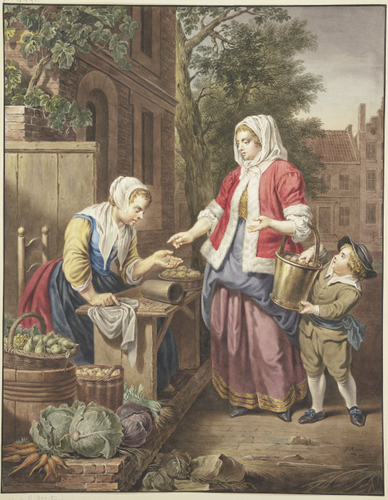 Eine Dame mit einem Knaben kauft Äpfel ein od Jacobus Buys