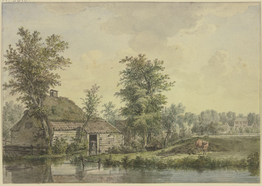 Bauernhaus am Wasser, bei einem Schubkarren eine Kuh od Jacobus van Liender
