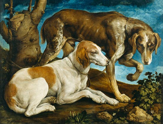 Two Hunting Dogs Tied to a Tree Stump od Jacopo Bassano