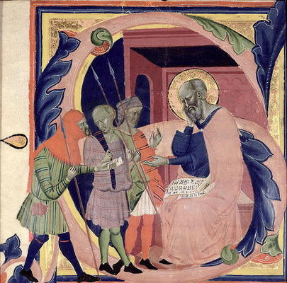 Historiated initial 'S' depicting Job receiving messengers with bad news (vellum) od Jacopo del Casentino