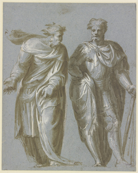 Zwei beieinander stehende Männer, der linke im Philosophenmantel mit weisender Geste, der rechte als od Jacopo Palma il Giovane