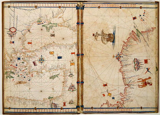 Ms Ital 550.0.3.15 fol.4v-5r Map of the Eastern Mediterranean Coast and Islands, from the 'Carte Geo od Jacopo Russo
