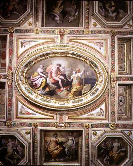 The 'Sala delle Muse' (Hall of the Muses) detail of the coffered ceiling decoration depicting Apollo od Jacopo Zucchi