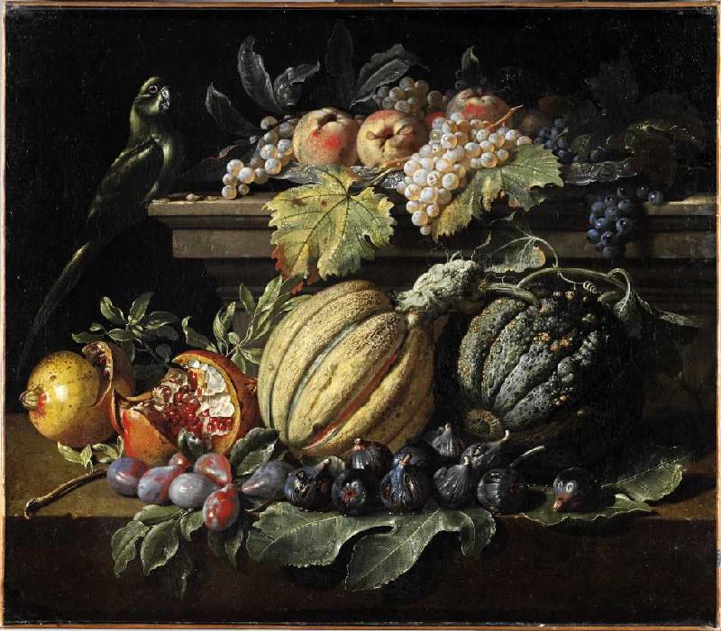 Fruchtstück mit Melonen, Weintrauben, Feigen, Granatäpfeln, Pfirsichen und einem Papagei. od Jacopo da (eigentlich Jacob van de Kerckhoven) Castello