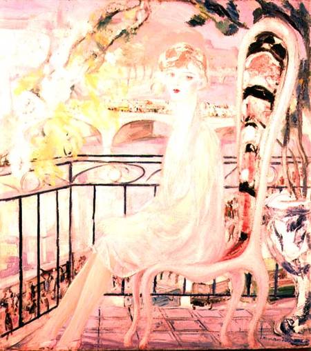 Portrait of Dolly Davis on a balcony in front of the old bridge of Alma od Jacqueline Marval