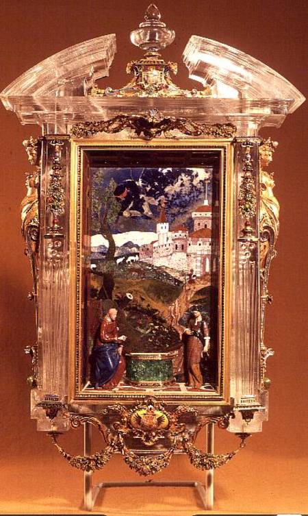 Christ and the Samaritan, pietre dure panel by Cristofano Gaffuri (d.1626), set in a rock crystal fr od Jacques Byliveldt (1550-1603) and Bernadino Gaffuri