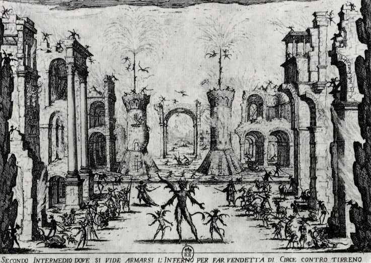Illustration for Theatre play "Les intermèdes" by Andrea Salvadori (Second Act where Hell was seen t od Jacques Callot