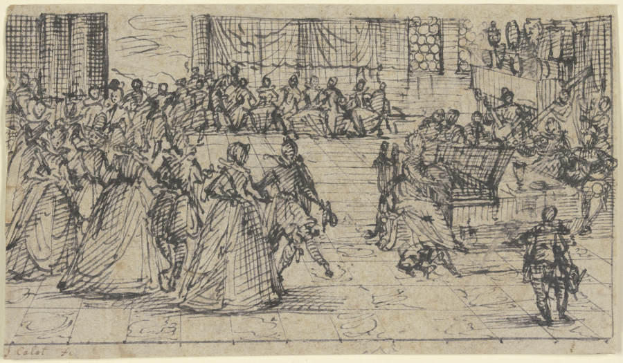Kavaliere und Damen beim Tanze, eine Dame spielt Klavier und wird von einem Orchester begleitet od Jacques Callot