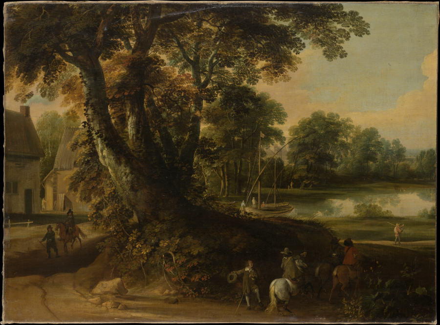 Landscape with a Group of Trees at the Shore of a Lake, Three Riders on the Road in the Foreground od Jacques d' Arthois