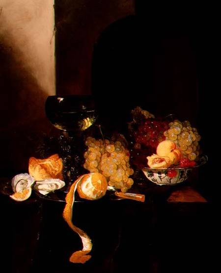 A Still Life with Fruit, a Peeled Lemon and a Roemer on a Ledge od Jacques de Claeuw