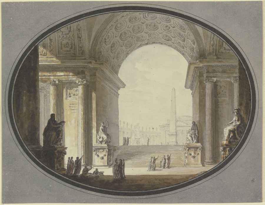 Blick durch ein kassettiertes Rundbogengewölbe auf einen dem Petersplatz in Rom nachempfundenen Plat od Jacques-François Blondel