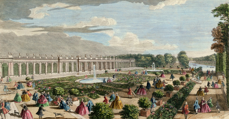 View of the Chateau de Trianon, towards the Parterre (coloured engraving) (see also 171645) od Jacques Rigaud