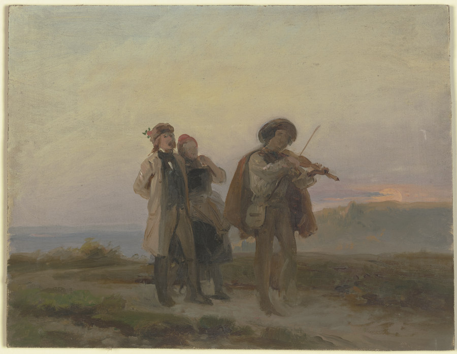 Abendlicher Spaziergang, Geiger und Bauernpaar auf den Feldern od Jakob Becker