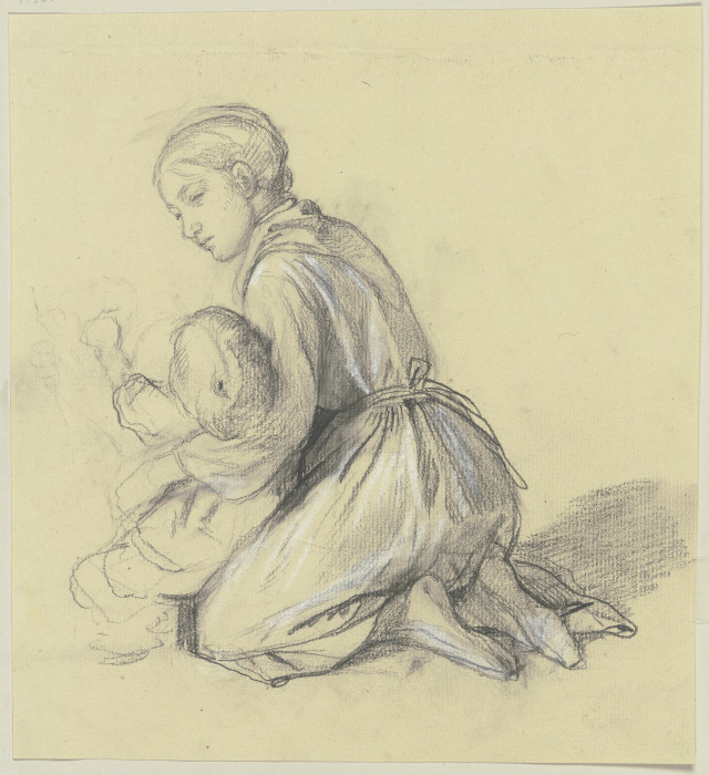 Kniendes Mädchen nach links mit einem Kleinkind im linken Arm od Jakob Becker