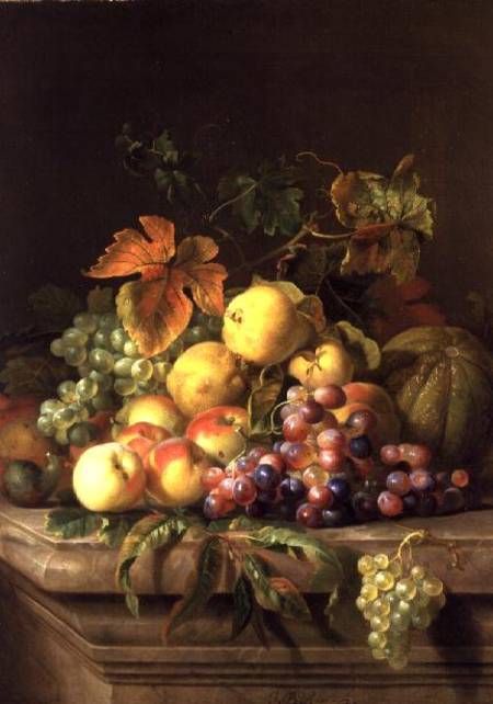 A Still Life of Melons, Grapes and Peaches on a Ledge od Jakob Bogdani or Bogdany